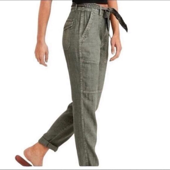 American Eagle Outfitters Linen Blend Tie Belt High Waist Pant Moss Green 2 2R S - Picture 1 of 11